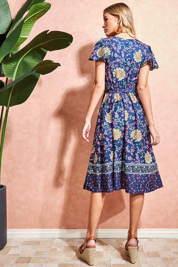 Floral Print Wrap Midi with Flutter Sleeves Goddiva